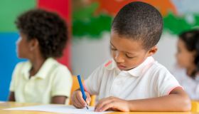 Portrait of a boy coloring at school
