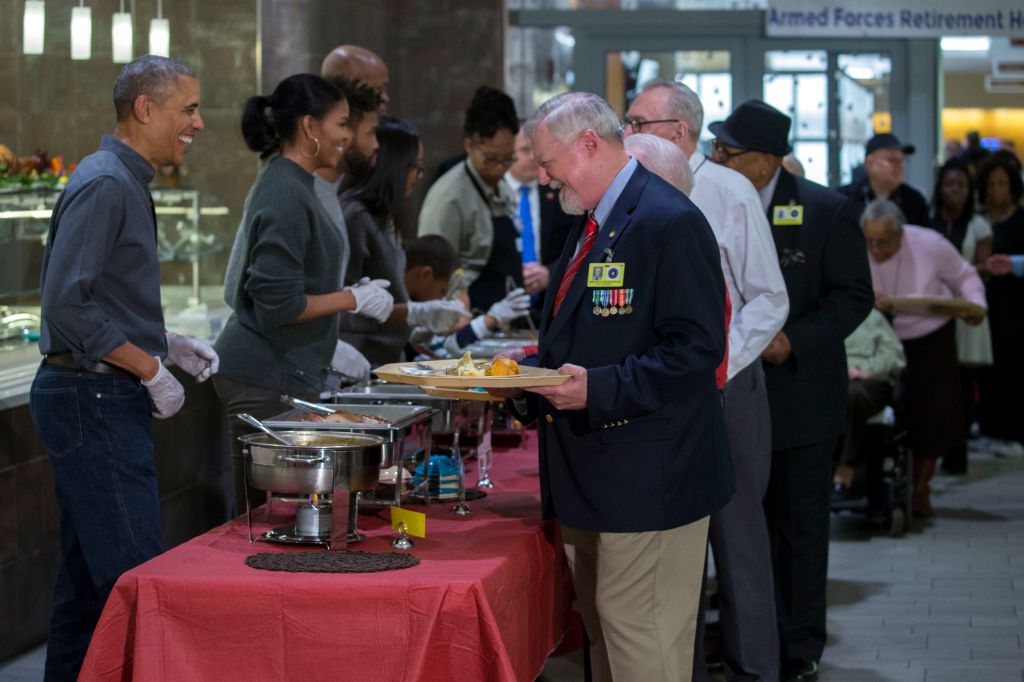 US President Barack Obama Serves Dinner At The Armed Forces Retirement Home