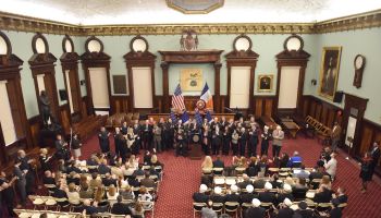 Mayor de Blasio gathered with fire fighters in city council...