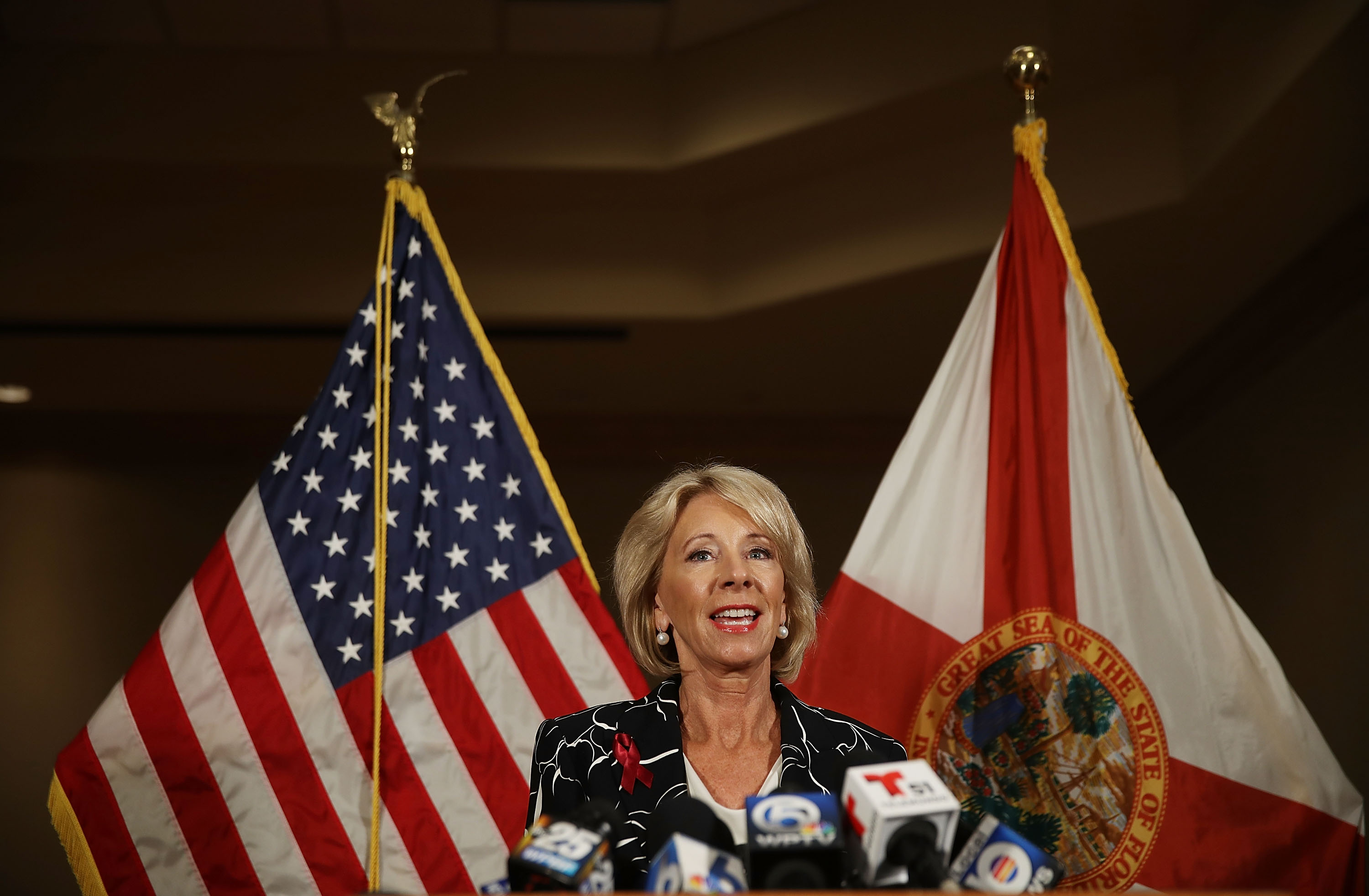 U.S. Education Secretary Betsy DeVos Speaks To Media After Visiting Students At Marjory Stoneman Douglas High School