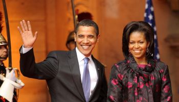 President Obama and his wife welcoming ceremony President Sarkozy and his wife in Strasbourg at Palais Rohan.