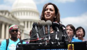 Sen. Kamala Harris Holds News Conference To Support Immigration And Refugee Policies That Protect Rights Of Women And Children