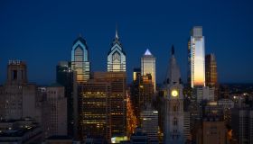 Skyline with skyscrapers at dusk, on the left the Liberty Place complex, Philadelphia, Pennsylvania, United States of America