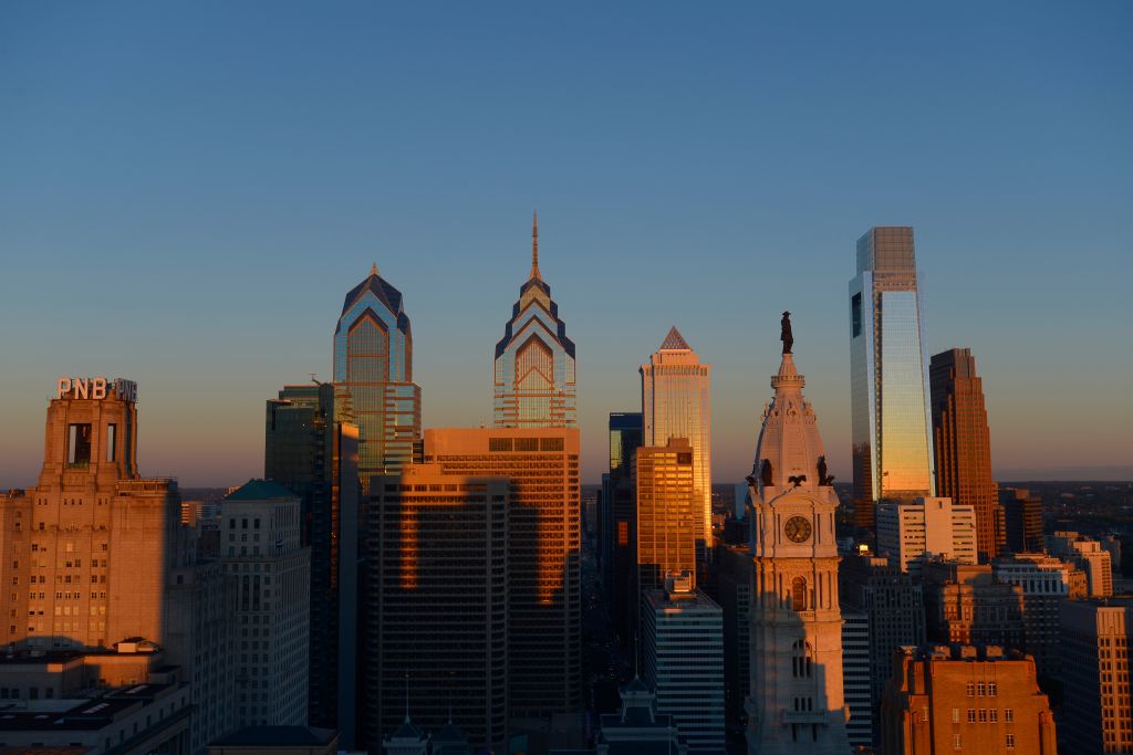 Skyline with skyscrapers at dawn, on the left the Liberty Place complex, Philadelphia, Pennsylvania, United States of America