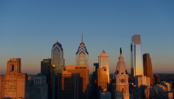 Skyline with skyscrapers at dawn, on the left the Liberty Place complex, Philadelphia, Pennsylvania, United States of America