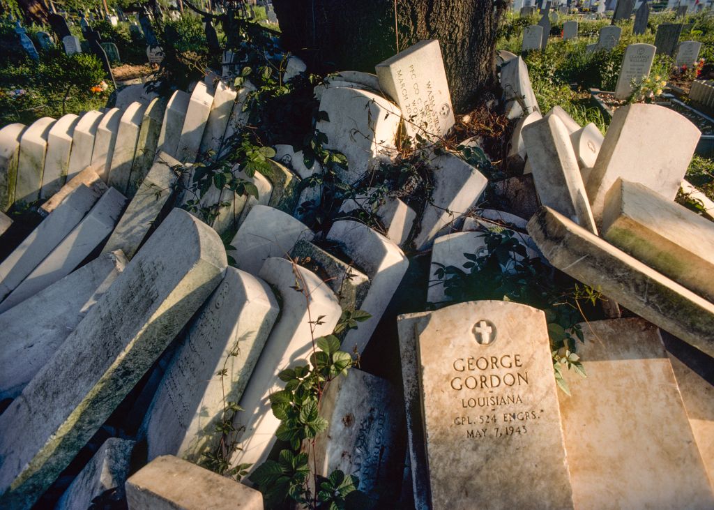Marble tombstones or head stone markers at Holpe cemetery for African-American veterans
