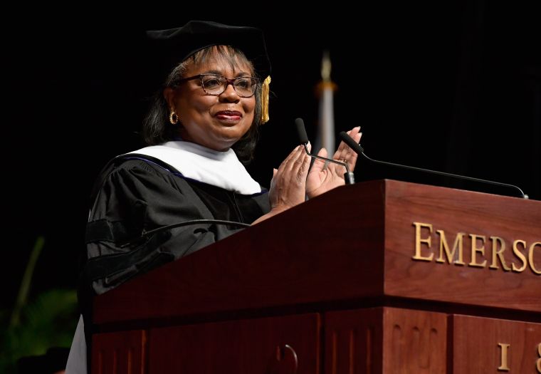 Hill talks with graduates at the 2017 Emerson College Commencement
