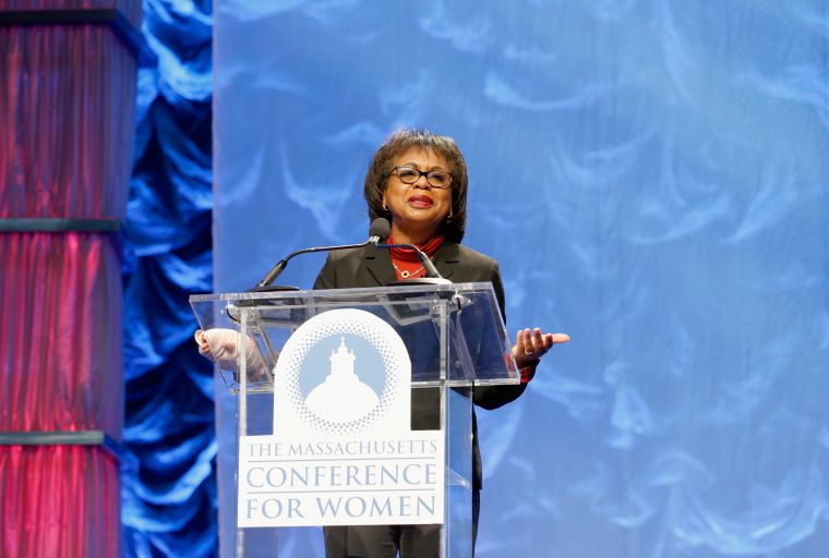 Hill addresses the crowd at the Massachusetts Conference For Women in 2016