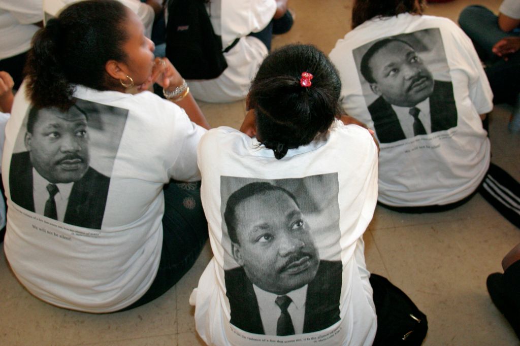 Students wearing Martin Luther King Day t-shirts.