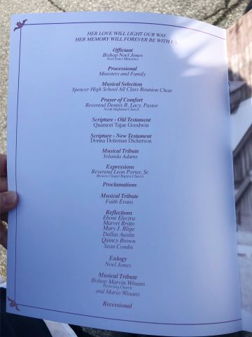 The order of service for the funeral service of Kim Porter at the Cascade Hills Church in Columbus, Georgia