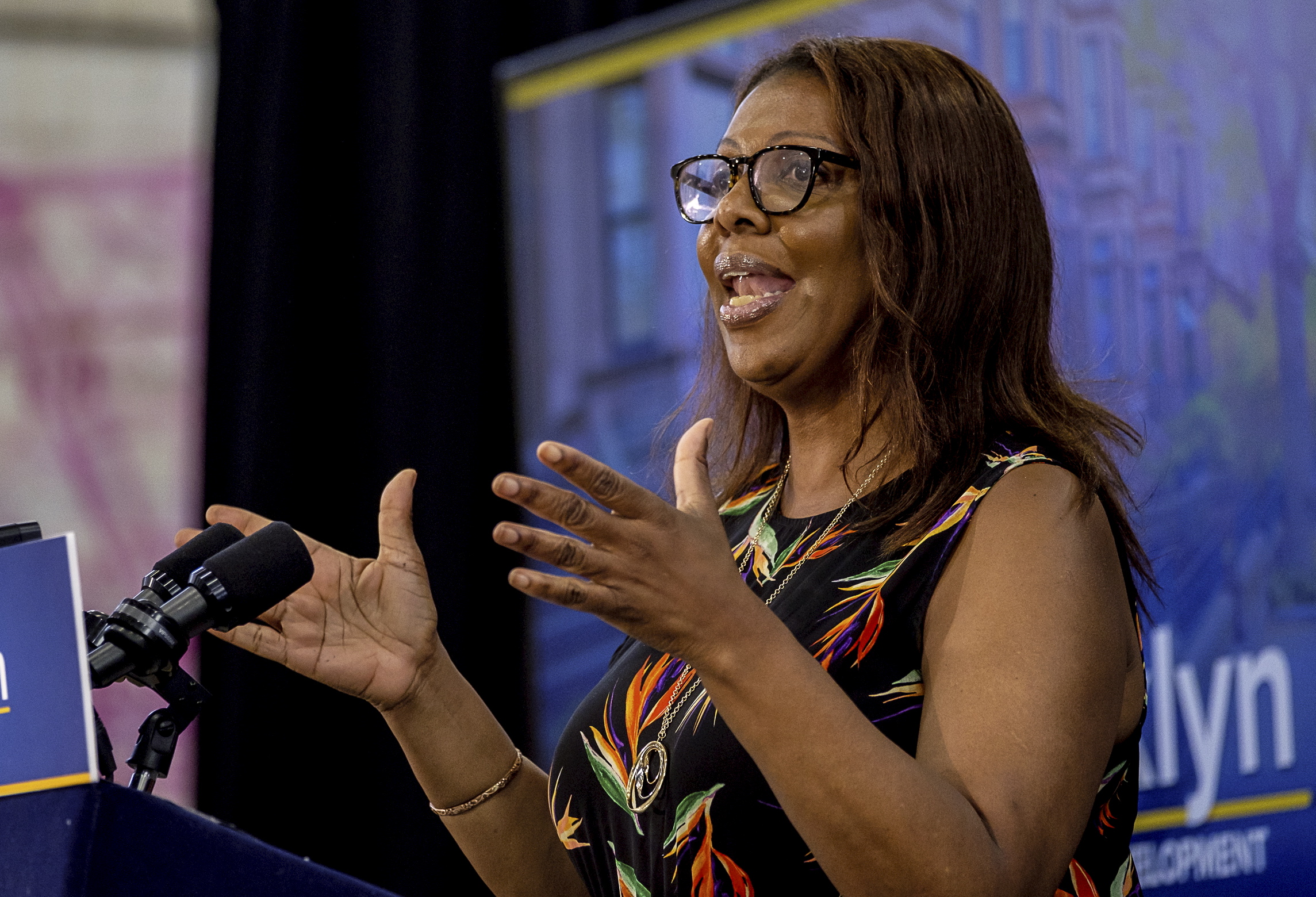 Public Advocate Letitia James speaks to Brooklyn residents, 2018