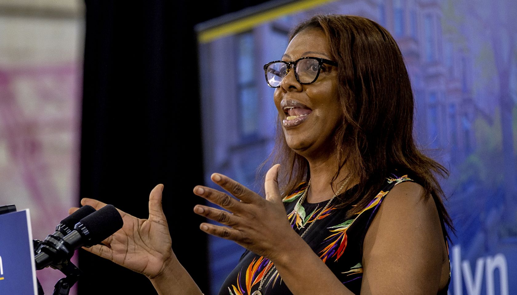 Public Advocate Letitia James speaks to Brooklyn residents, 2018