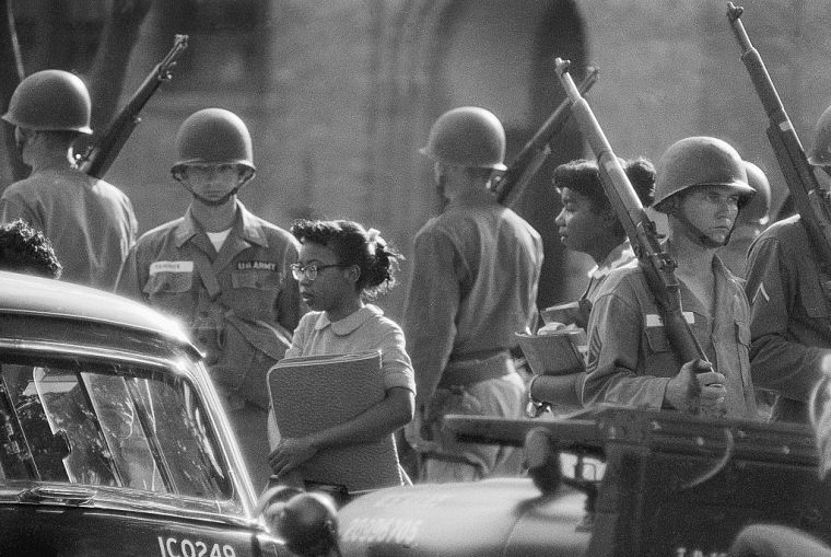 Troops Watch as Black Students Go to School