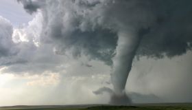 This tornado demonstrates 'Barber Poling': the rotational bands twisting around the tornado itself, Campo, Colorado, USA