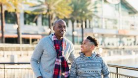 African-American father and son in city