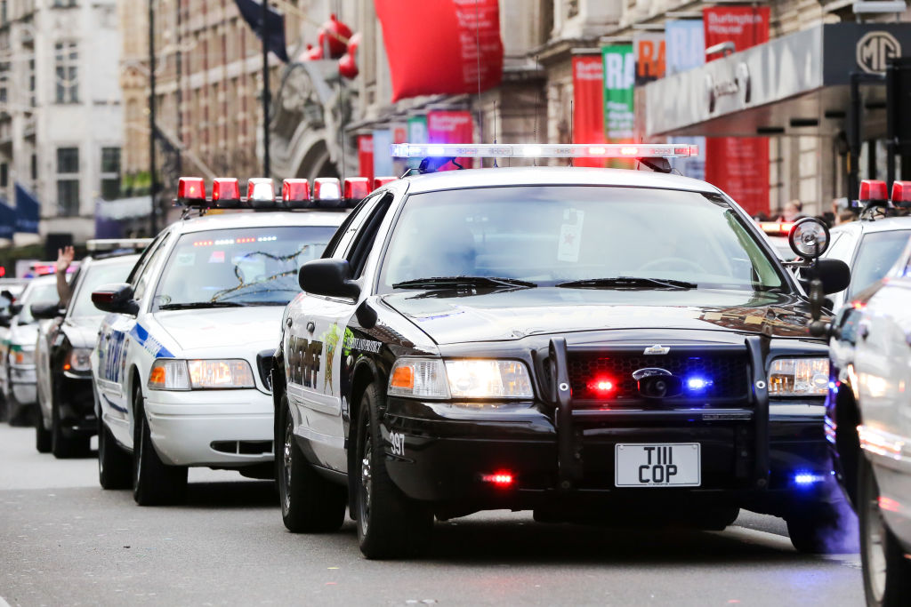 New York Police Department cars are seen during the parade.