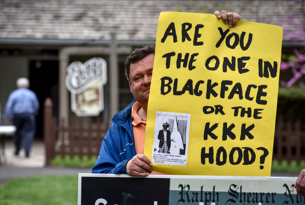 Fairfax county NAACP holds a protest against Gov. Ralph Northam outside of a fundraiser for a Democratic Senate candidate, in Burke, VA.