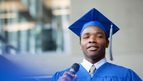 male valedictorian speaking at graduation