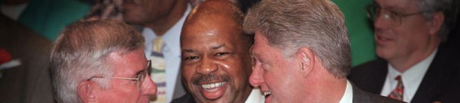 US President Bill Clinton (R) attends church with BALTIMORE, : US President Bill Clinton (R) attends church with Maryland Governor Parris Glendening (L) and Rep. Elijah Cummings (C), (D-MD), 01 November at the New Psalmist Baptist Church in Baltimore, MD.