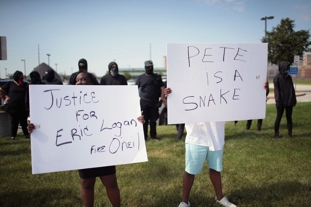 Demonstrators Hold A Protest Outside South Bend Police Station After Funeral For Eric Logan