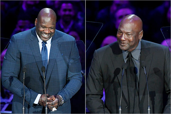 Shaquille O'Neal and Michael Jordan at Kobe Bryant's memorial