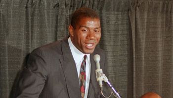 INGLEWOOD, UNITED STATES: Earvin "Magic" Johnson, one of the top stars of the Los Angeles Lakers basketball team, speaks during a press conference, 07 November 1991 in Los Angeles, in which he announced that he is HIV positive. Johnson, a 12-year veteran w