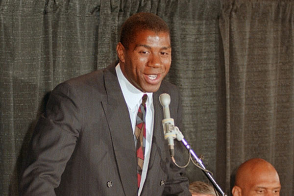 INGLEWOOD, UNITED STATES: Earvin "Magic" Johnson, one of the top stars of the Los Angeles Lakers basketball team, speaks during a press conference, 07 November 1991 in Los Angeles, in which he announced that he is HIV positive. Johnson, a 12-year veteran w