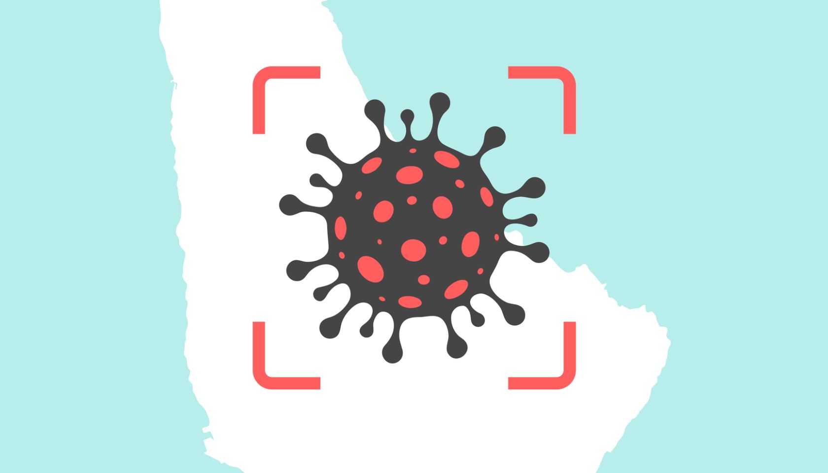 Barbados map with a coronavirus cell (COVID-19) in red viewfinder