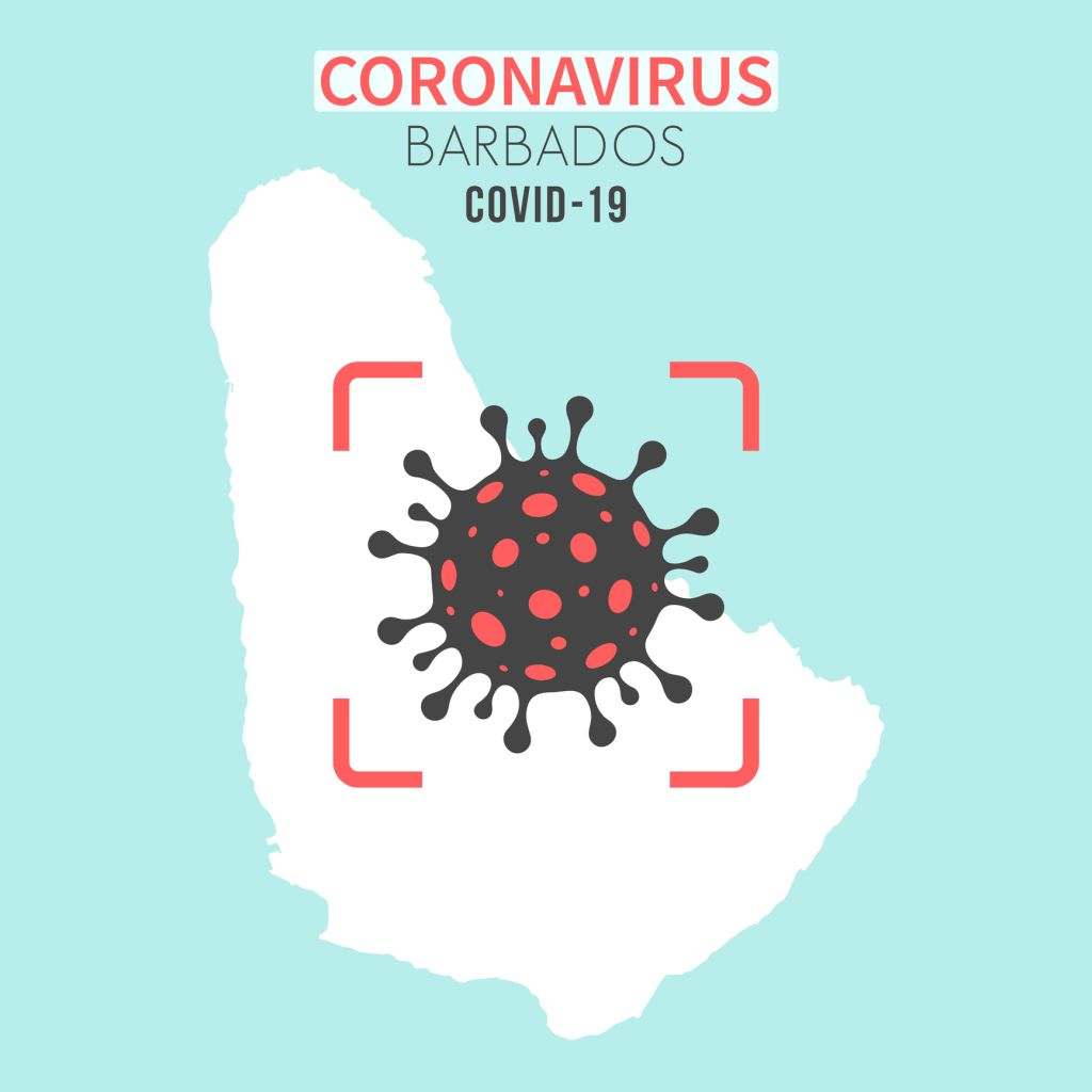 Barbados map with a coronavirus cell (COVID-19) in red viewfinder
