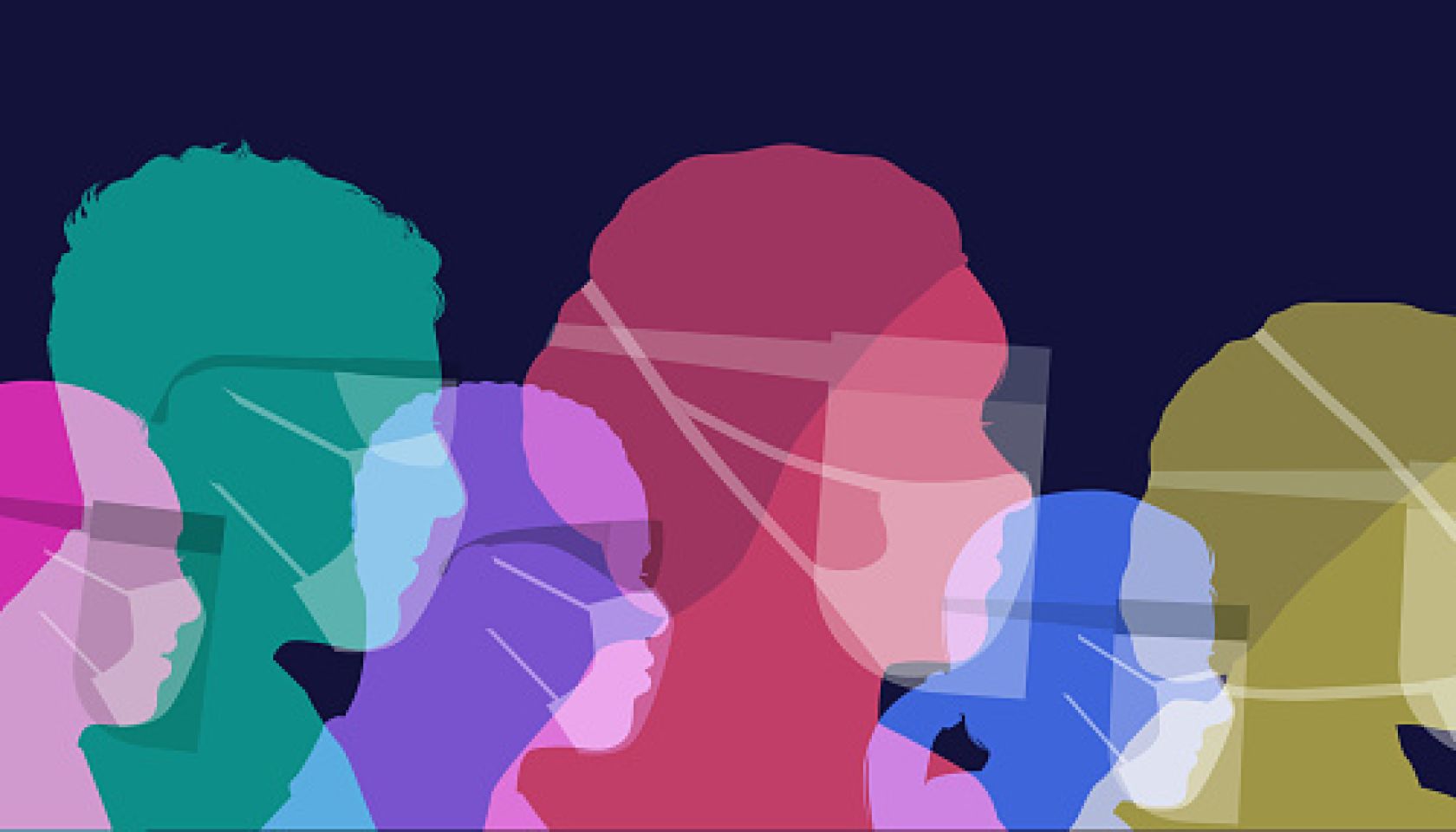 Colourful silhouettes of Medical professionals wearing protective face masks against infection, PPE, coronavirus,
