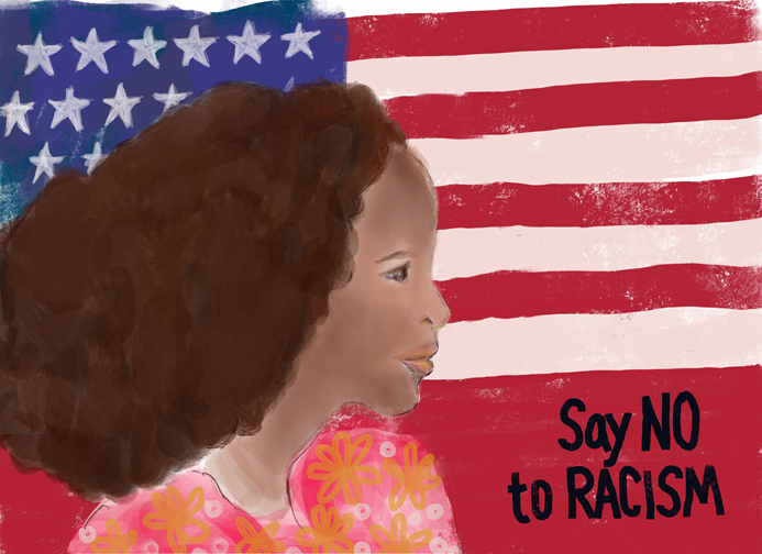 No to Racism - woman with protest message and American flag