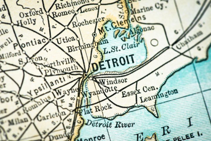 Antique USA map close-up detail: Detroit, Michigan