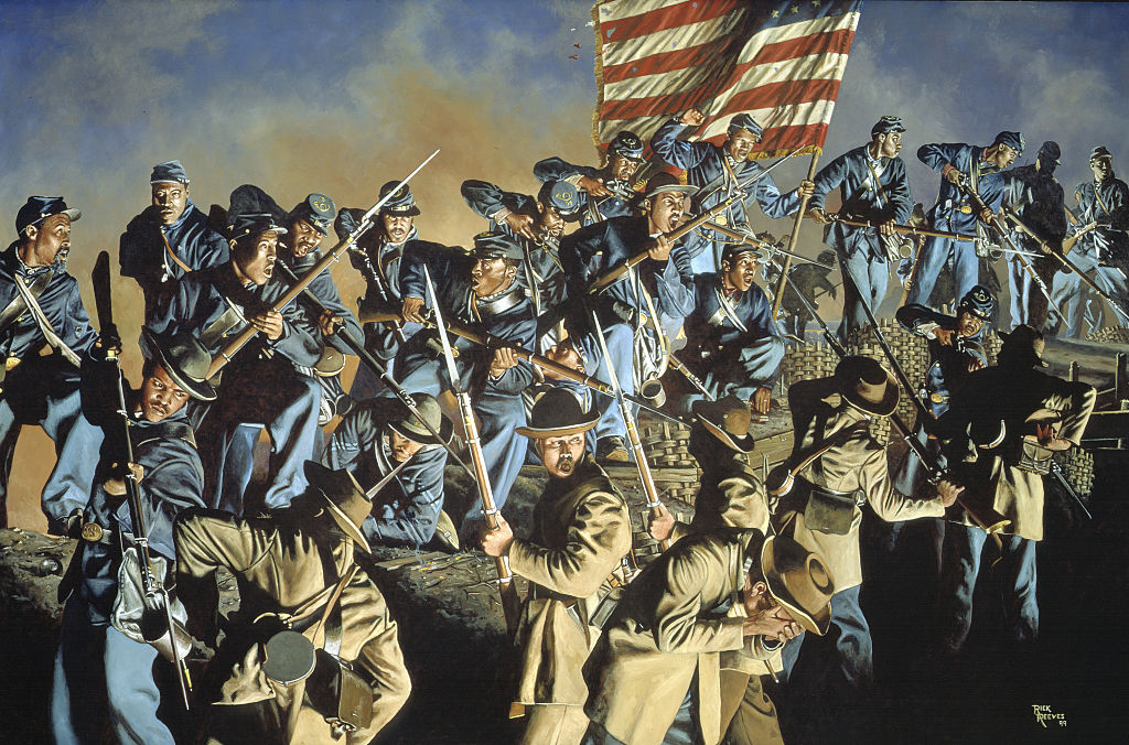 Confederate troops fighting African American Union soldiers at Fort Wagner