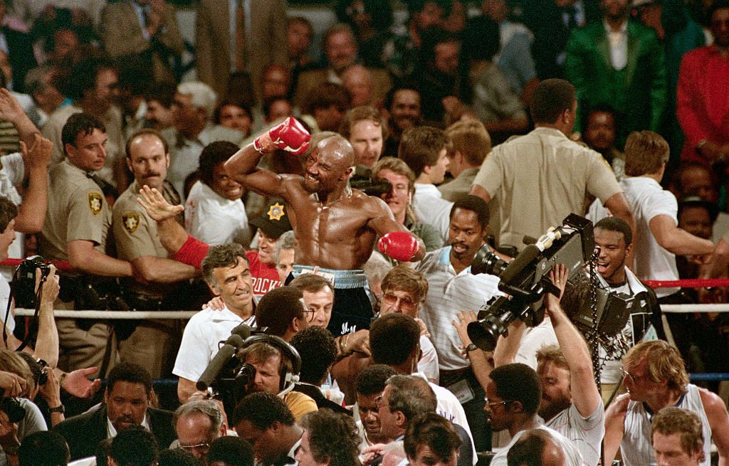 Marvin Hagler Being Carried by Friends After Winning Match