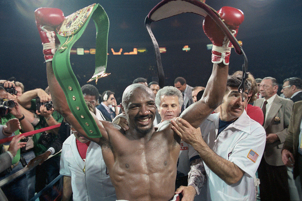 Marvin Hagler After Winning Bout with Mustafa Hamstro