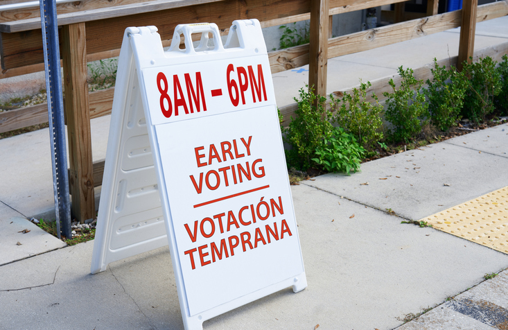 Early Voting 8am -6pm directional sign in English and Spanish