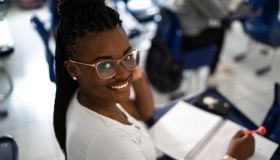 Portrait of a female student in the classroom
