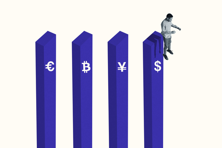 Man jumping from bar graph with currency symbols