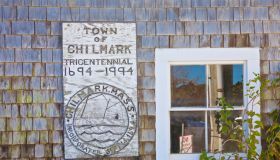 Chilmark Tricentennial sign in small fishing village of Menemsha