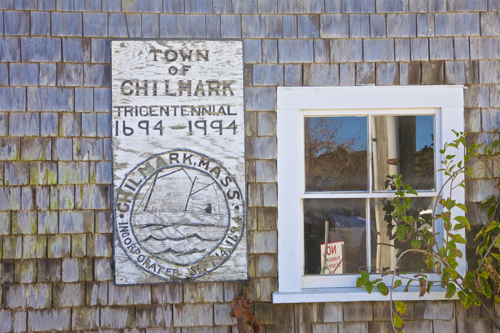 Chilmark Tricentennial sign in small fishing village of Menemsha