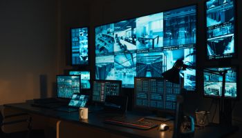 A security workplace with a modern high-tech control panel in the form of large monitors that display real-time information from external video surveillance cameras for 24 hours.