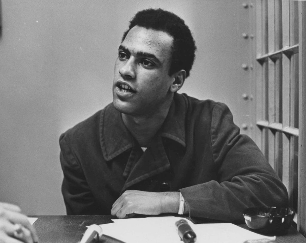 Oakland, CA February 29, 1968 - Huey Newton is interviewed at the Alameda County Courthouse. (Howard Erker/Oakland Tribune)