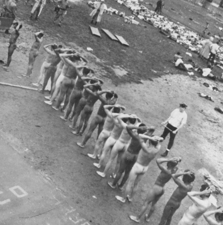 Stripped down Attica prison inmates in courtyard after riot