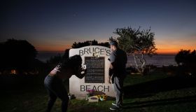 California Gov. Gavin Newsom signs SB 796 authorizing the return of beach-front land to the Bruce family, in Manhattan Beach, CA