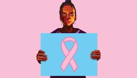 African American woman holding a poster with Pink ribbon for breast cancer awareness
