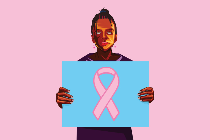 African American woman holding a poster with Pink ribbon for breast cancer awareness