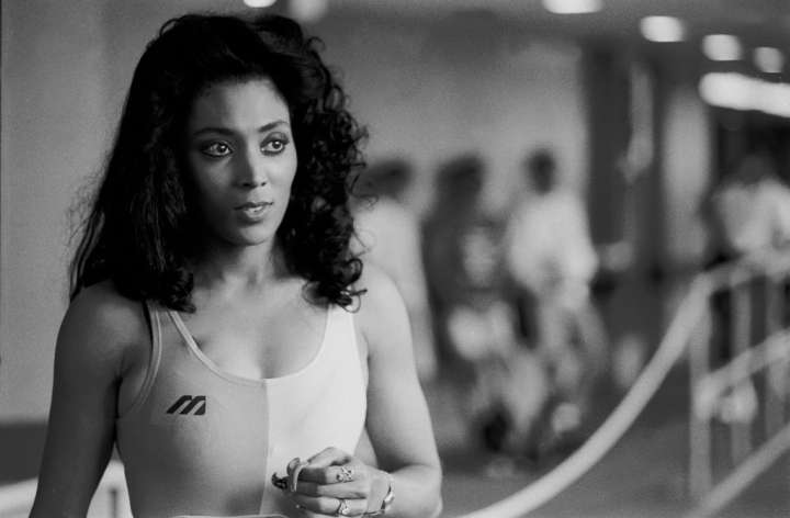 American track star Florence Griffith Joyner (FloJo) works out at the East Bank Club during a taping of the Oprah Winfrey Show