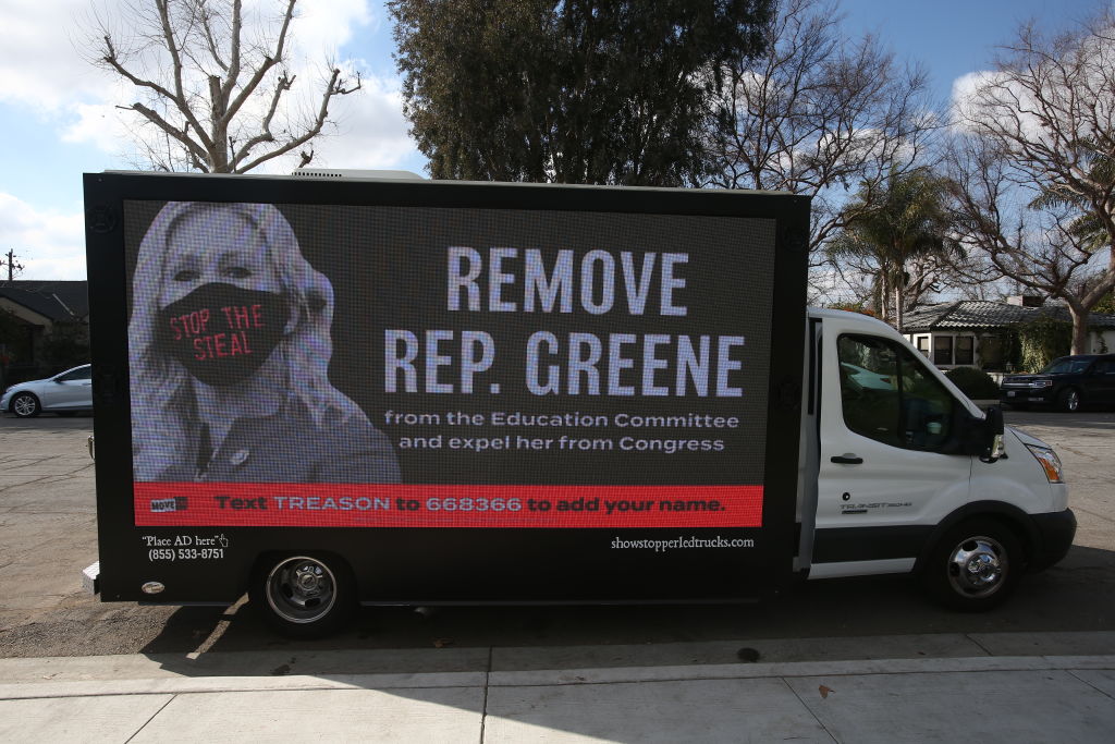 MoveOn Mobile Billboard And Protest At Rep. Kevin McCarthy's Bakersfield Office Demanding Removal Of Rep. Marjorie Taylor Greene From House Committee On Education And Labor