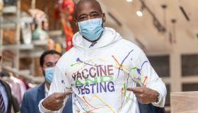 Mayor Eric Adams wears hoodie sweatshirt with slogan Vaccine...