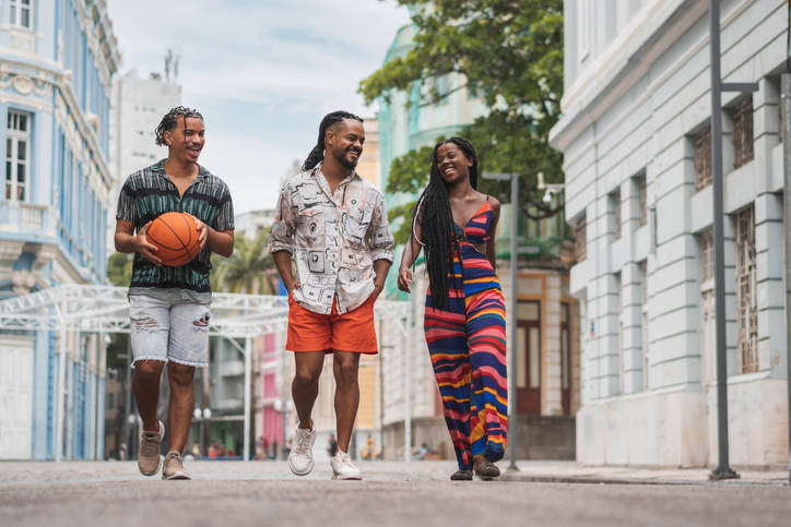 Young adult group walking in the city